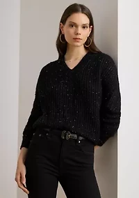 Women's Sequined Rib-Knit V-Neck Sweater