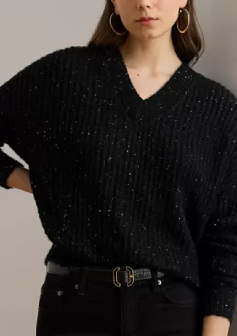 Women's Sequined Rib-Knit V-Neck Sweater