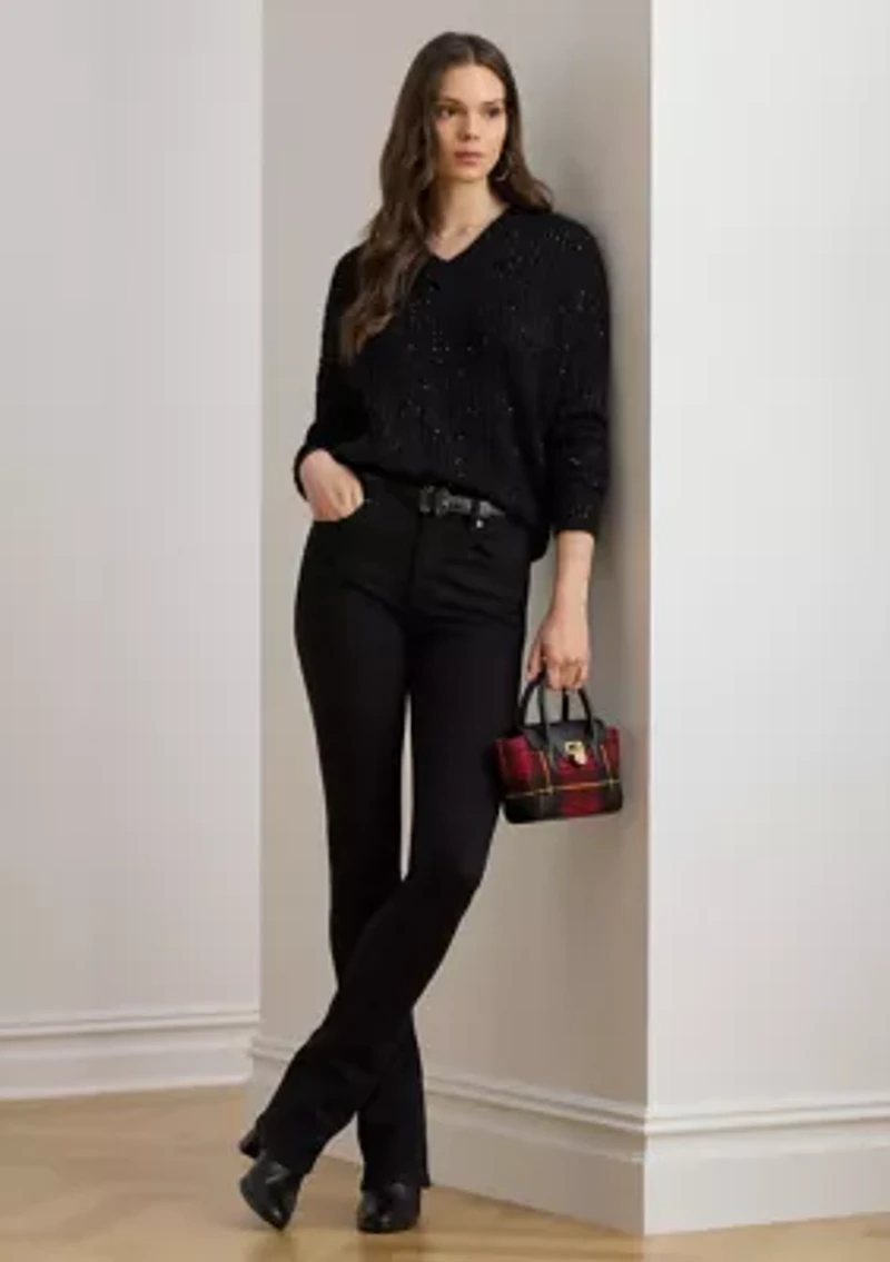 Women's Sequined Rib-Knit V-Neck Sweater