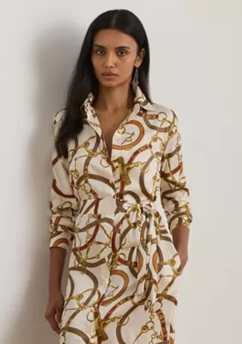 Belting-Print Twill Shirtdress
