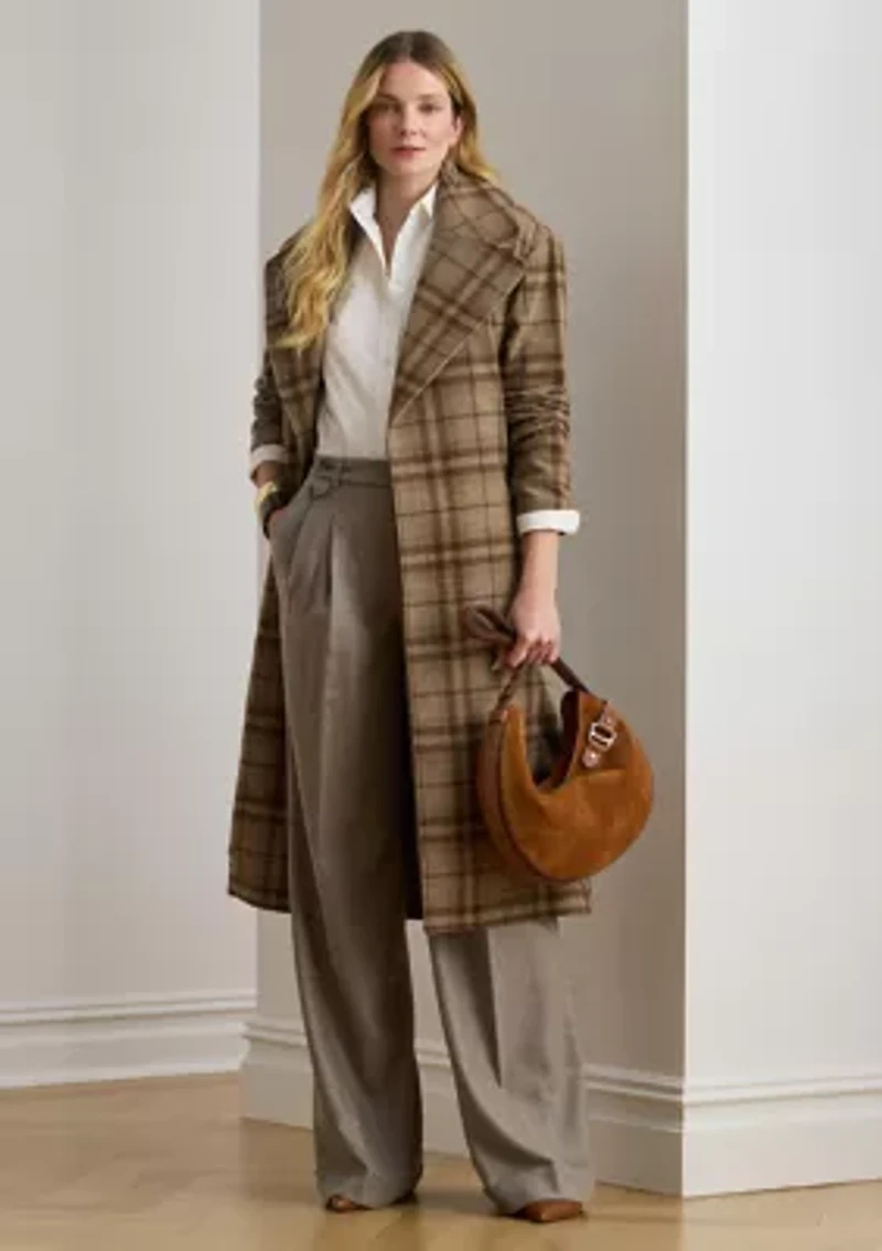 Women's Pleated Wool Herringbone Wide-Leg Pants