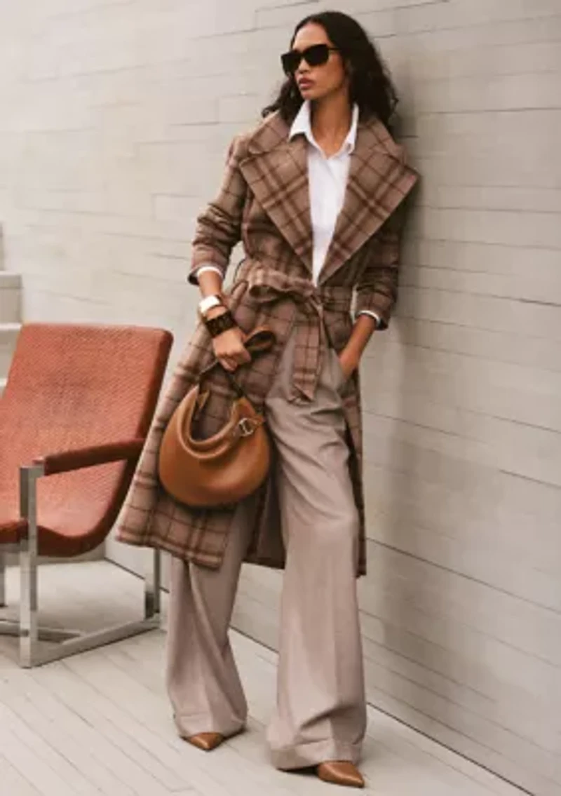 Women's Pleated Wool Herringbone Wide-Leg Pants