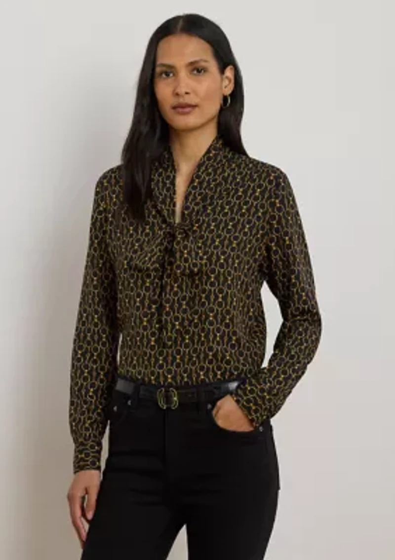 Chain-Print Crepe Tie-Neck Blouse