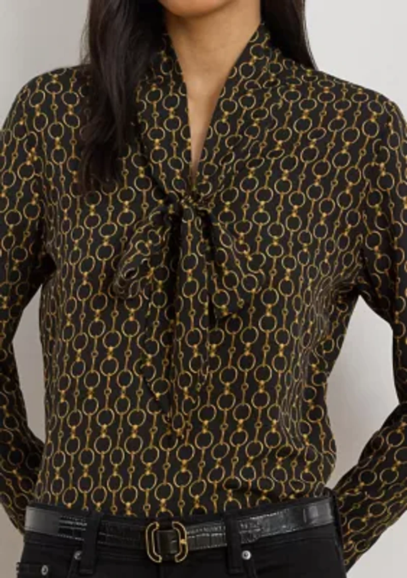 Chain-Print Crepe Tie-Neck Blouse