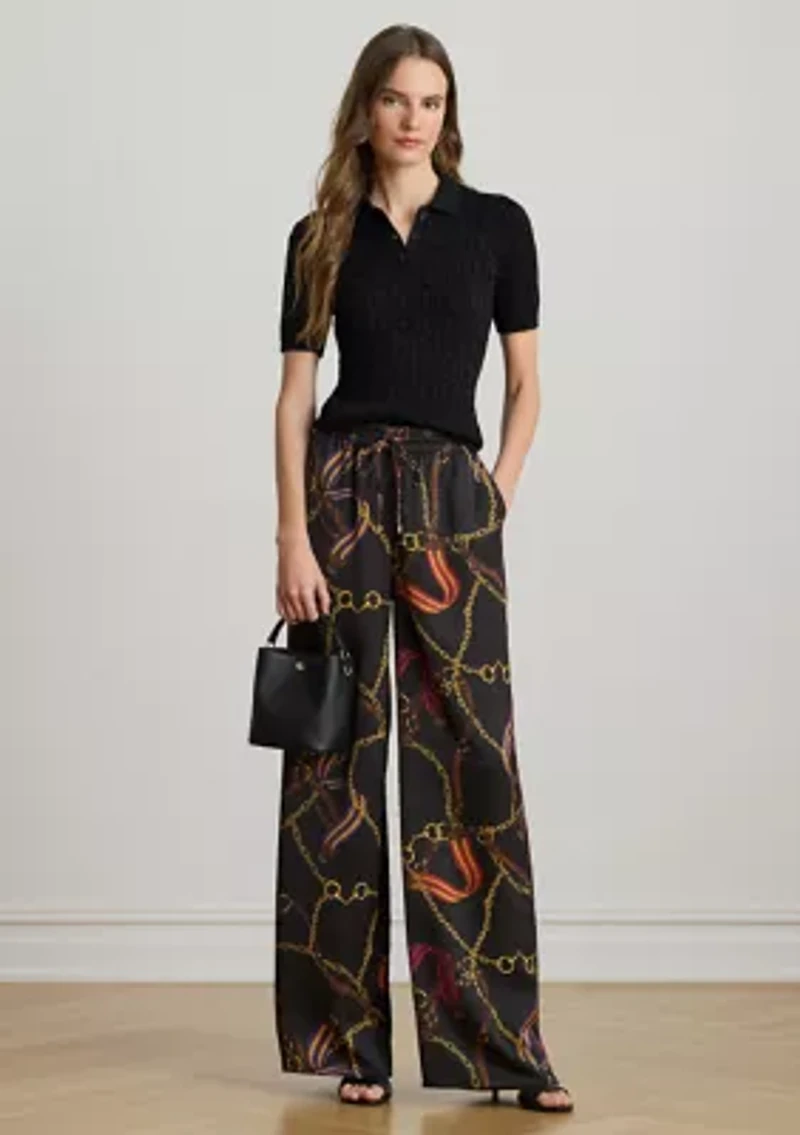Women's Belting-Print Charmeuse Wide-Leg Pants