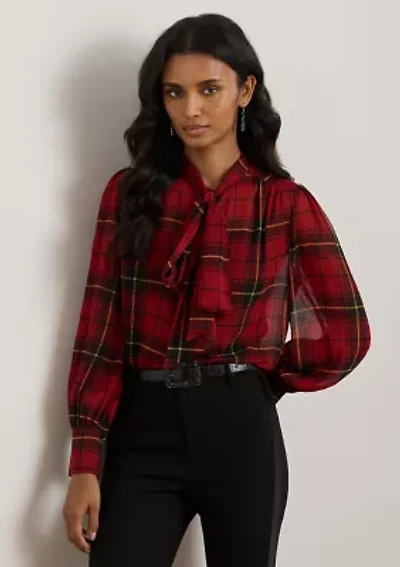 Women's Checked Plaid Georgette Tie-Neck Blouse