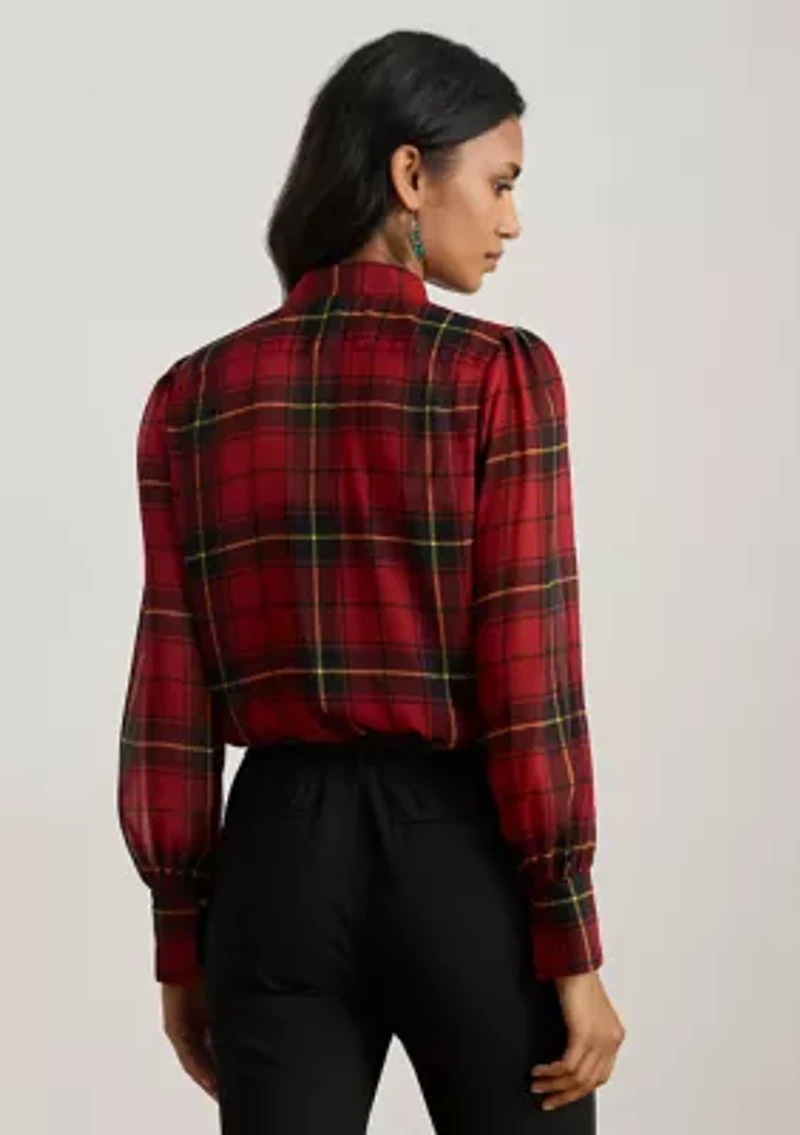 Women's Checked Plaid Georgette Tie-Neck Blouse