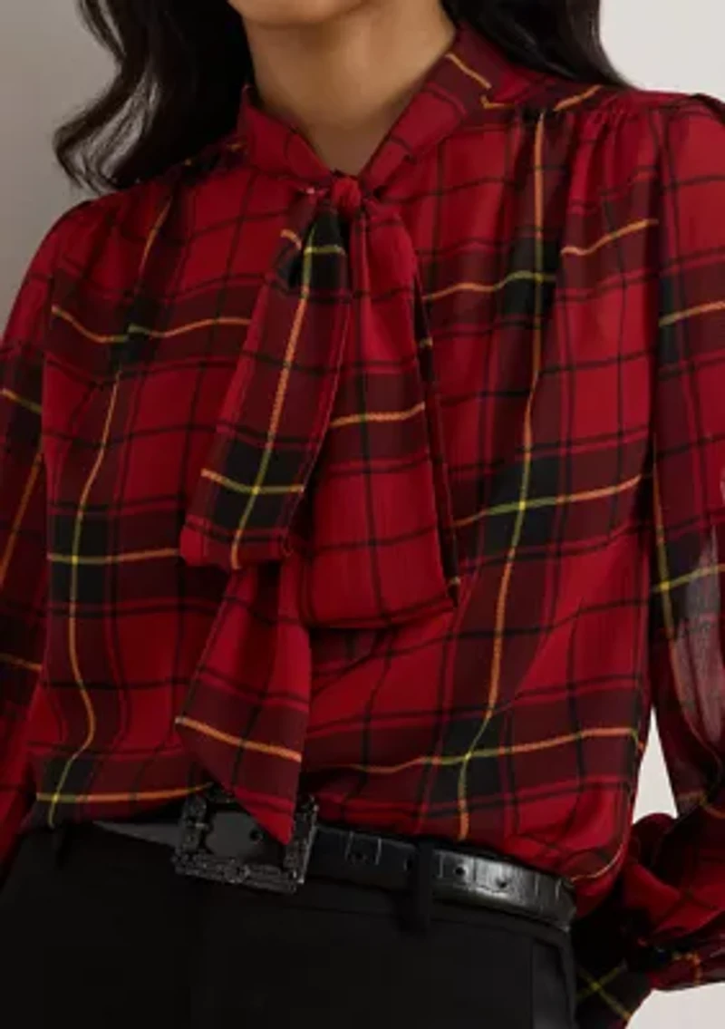 Women's Checked Plaid Georgette Tie-Neck Blouse