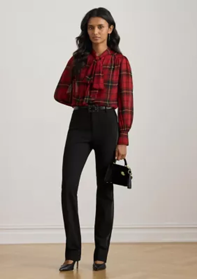 Women's Checked Plaid Georgette Tie-Neck Blouse
