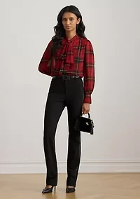 Women's Checked Plaid Georgette Tie-Neck Blouse
