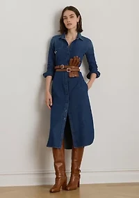 Horse Bit-Trim Belted Denim Shirtdress