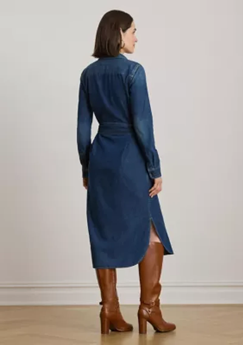 Horse Bit-Trim Belted Denim Shirtdress