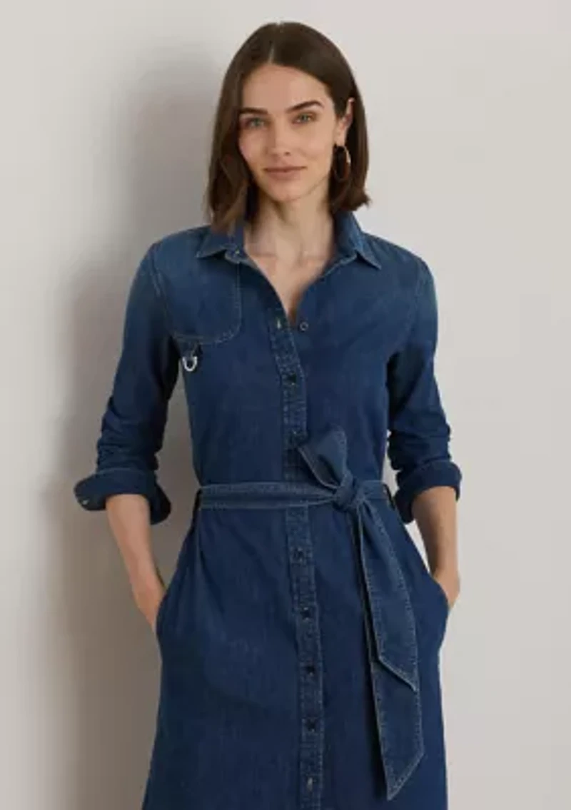 Horse Bit-Trim Belted Denim Shirtdress