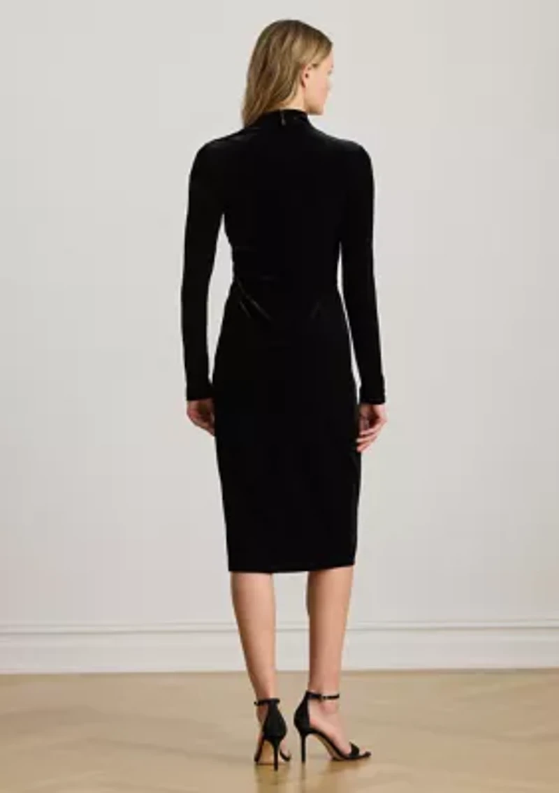 Button-Trim Rib-Knit Mock neck Dress