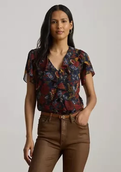 Floral Ruffle-Trim Georgette Blouse
