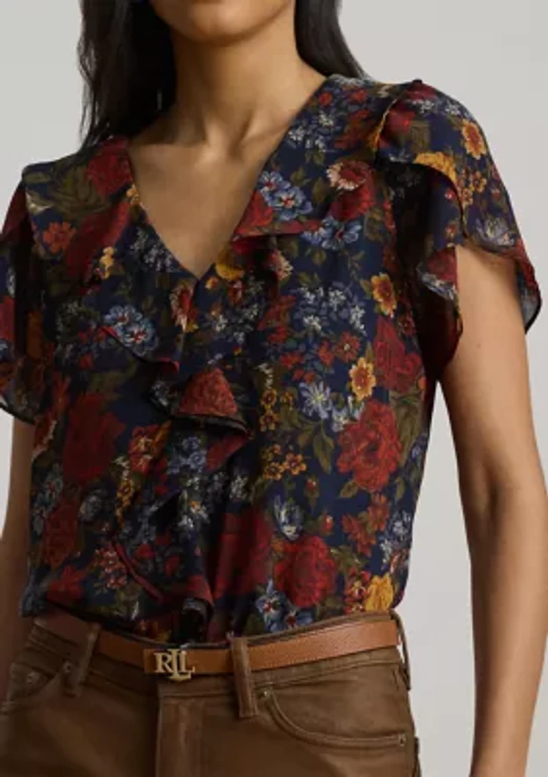 Floral Ruffle-Trim Georgette Blouse