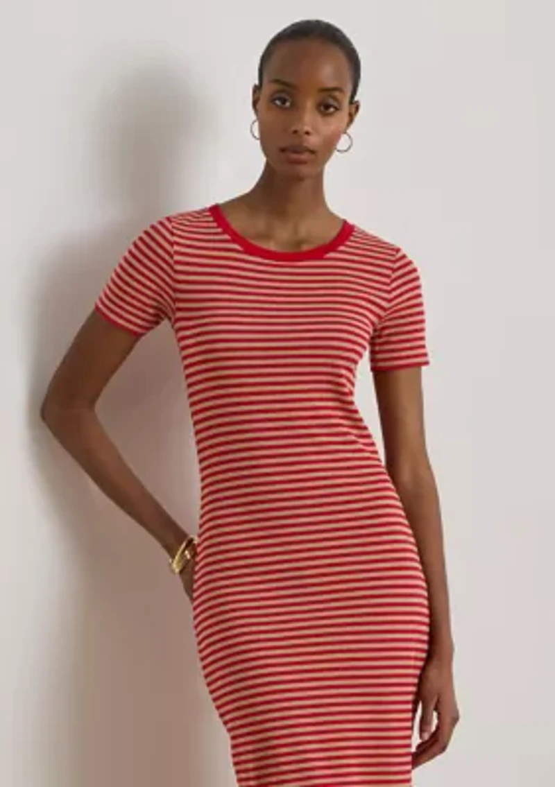 Striped Cotton-Blend Ribbed Shirt Dress