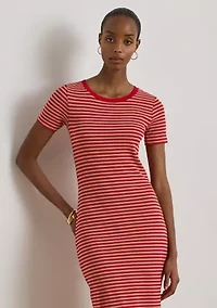 Striped Cotton-Blend Ribbed Shirt Dress