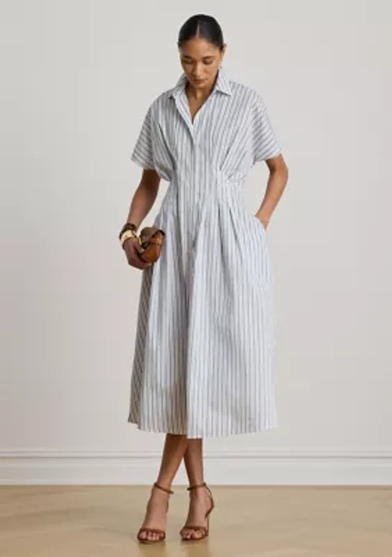 Striped Pleated Broadcloth Shirtdress