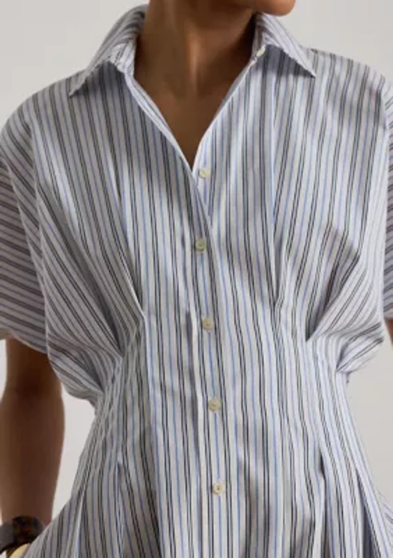 Striped Pleated Broadcloth Shirtdress