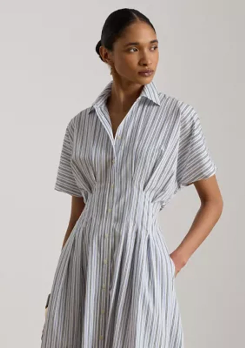 Striped Pleated Broadcloth Shirtdress