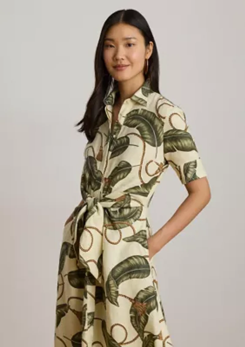 Rope-Print Tie-Front Linen Shirtdress