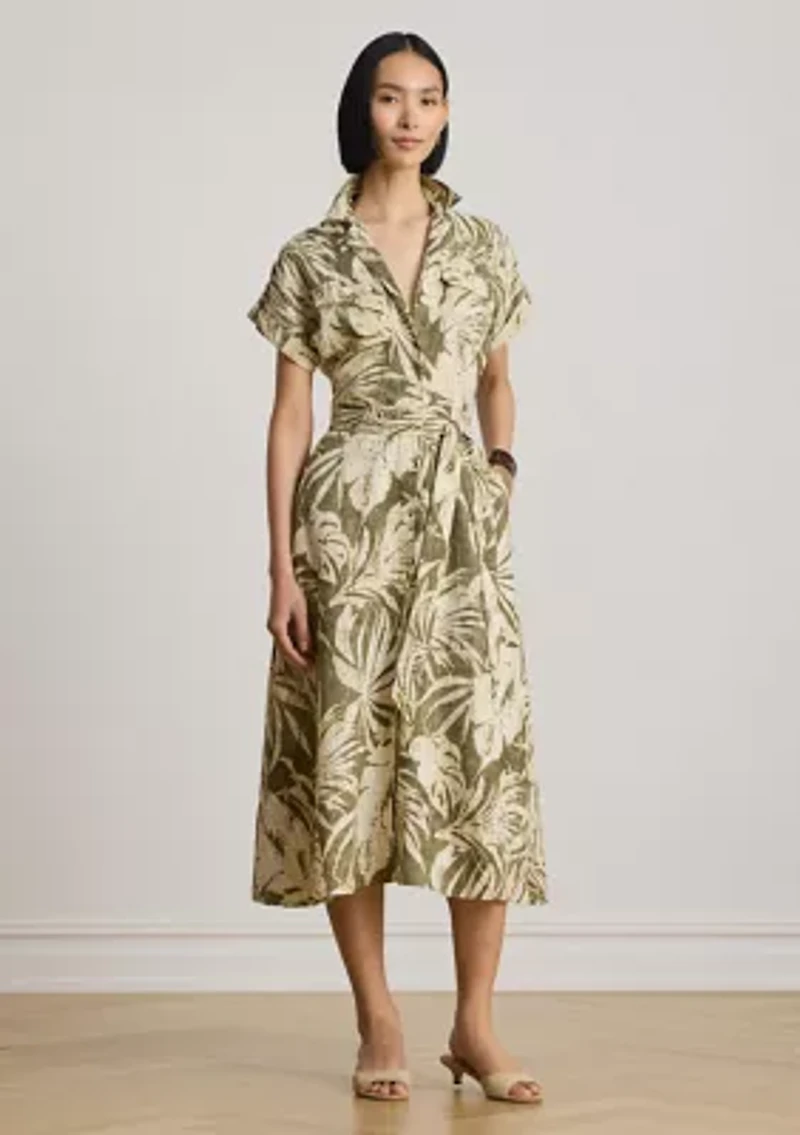Women's Palm Frond Print Linen Camp Shirtdress
