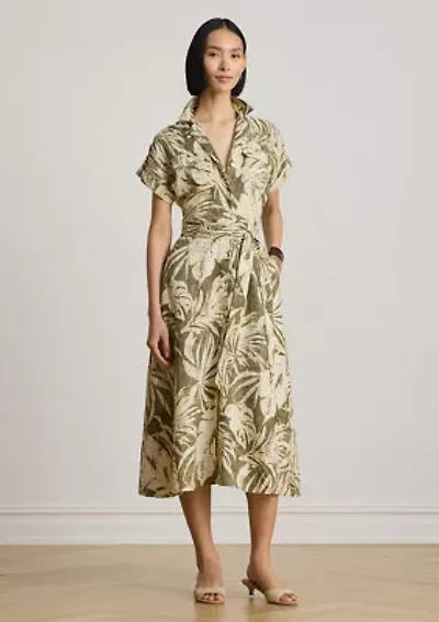 Women's Palm Frond Print Linen Camp Shirtdress