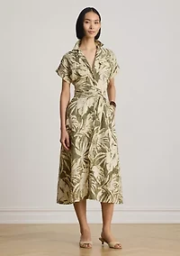 Women's Palm Frond Print Linen Camp Shirtdress