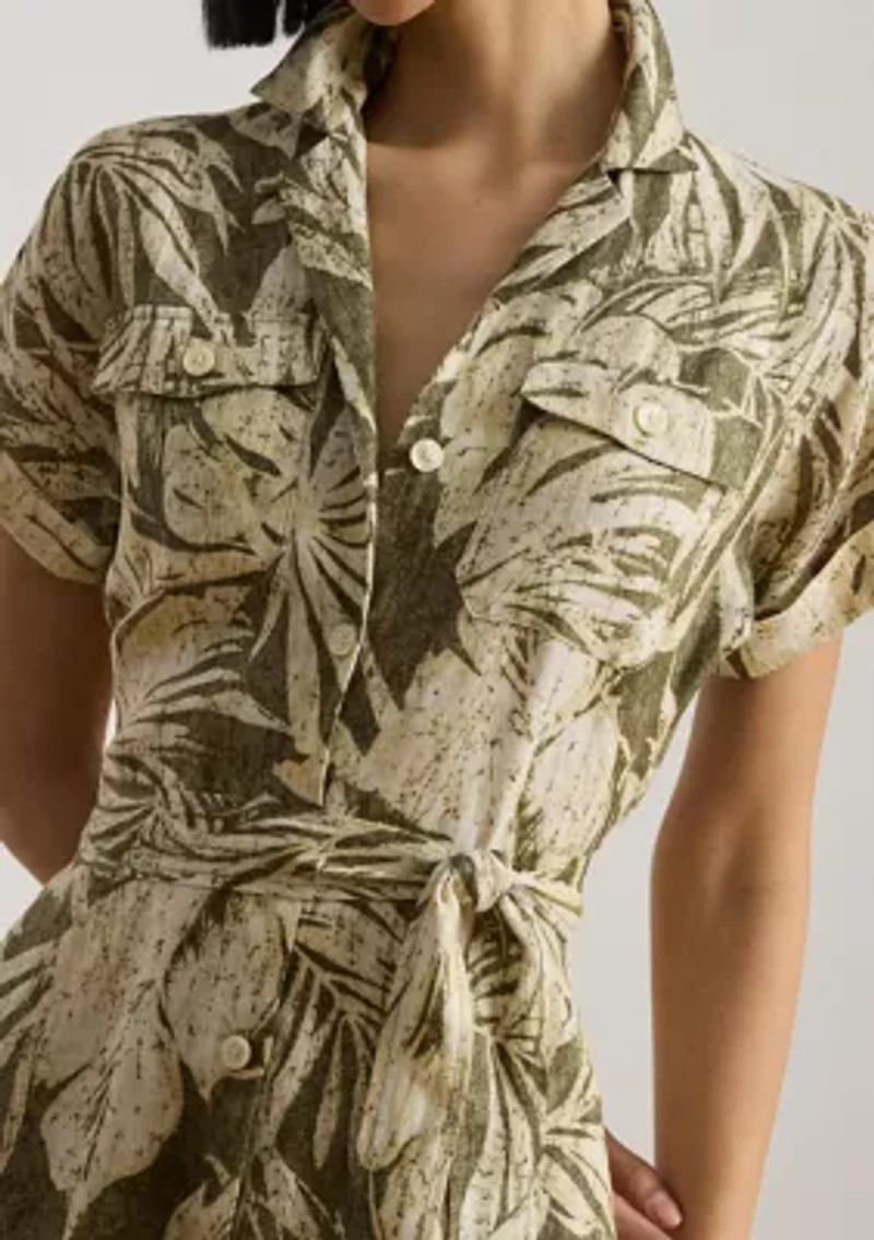 Women's Palm Frond Print Linen Camp Shirtdress