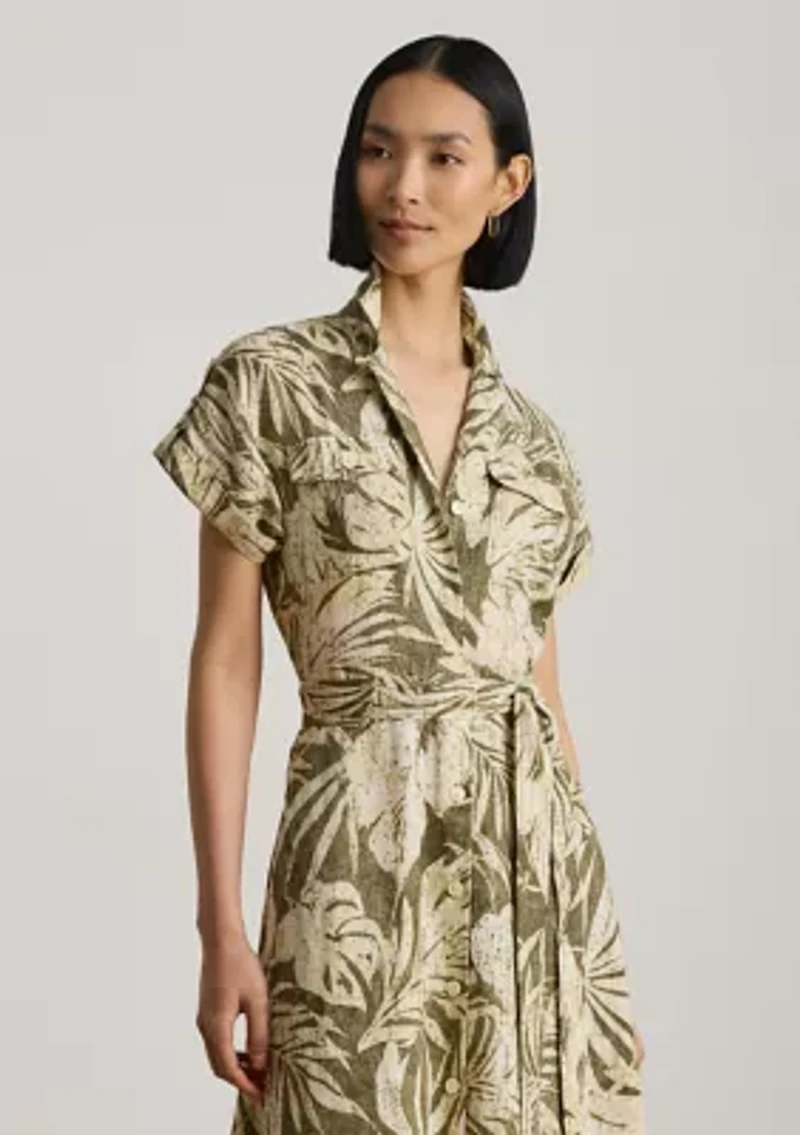 Women's Palm Frond Print Linen Camp Shirtdress