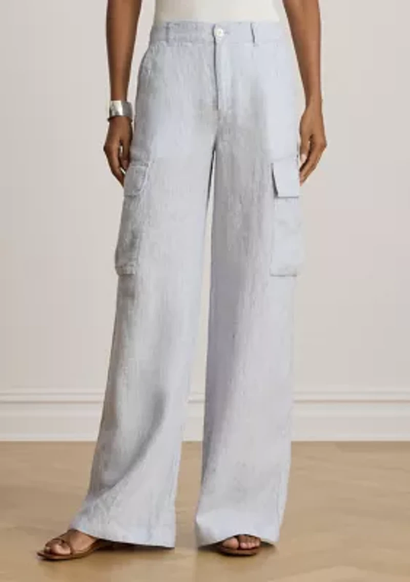 Pinstripe Linen Wide-Leg Cargo Pants