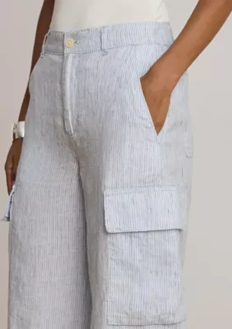 Pinstripe Linen Wide-Leg Cargo Pants