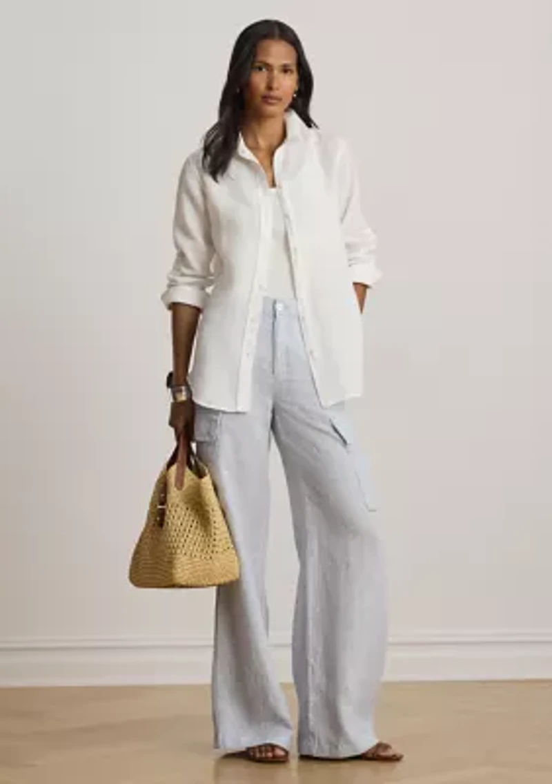 Pinstripe Linen Wide-Leg Cargo Pants