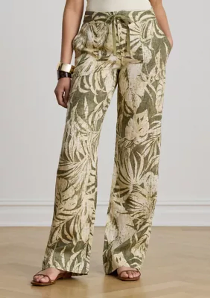 Women's Palm Frond Print Linen Wide Leg Pants