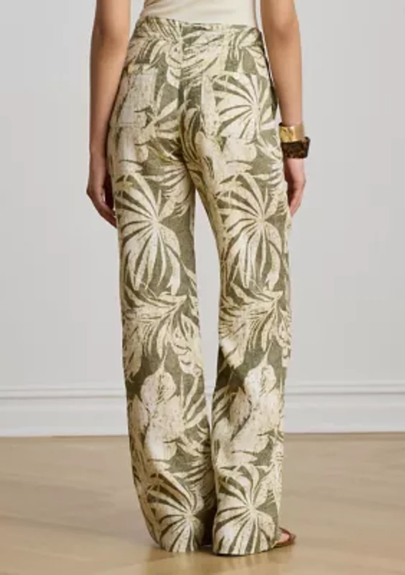 Women's Palm Frond Print Linen Wide Leg Pants