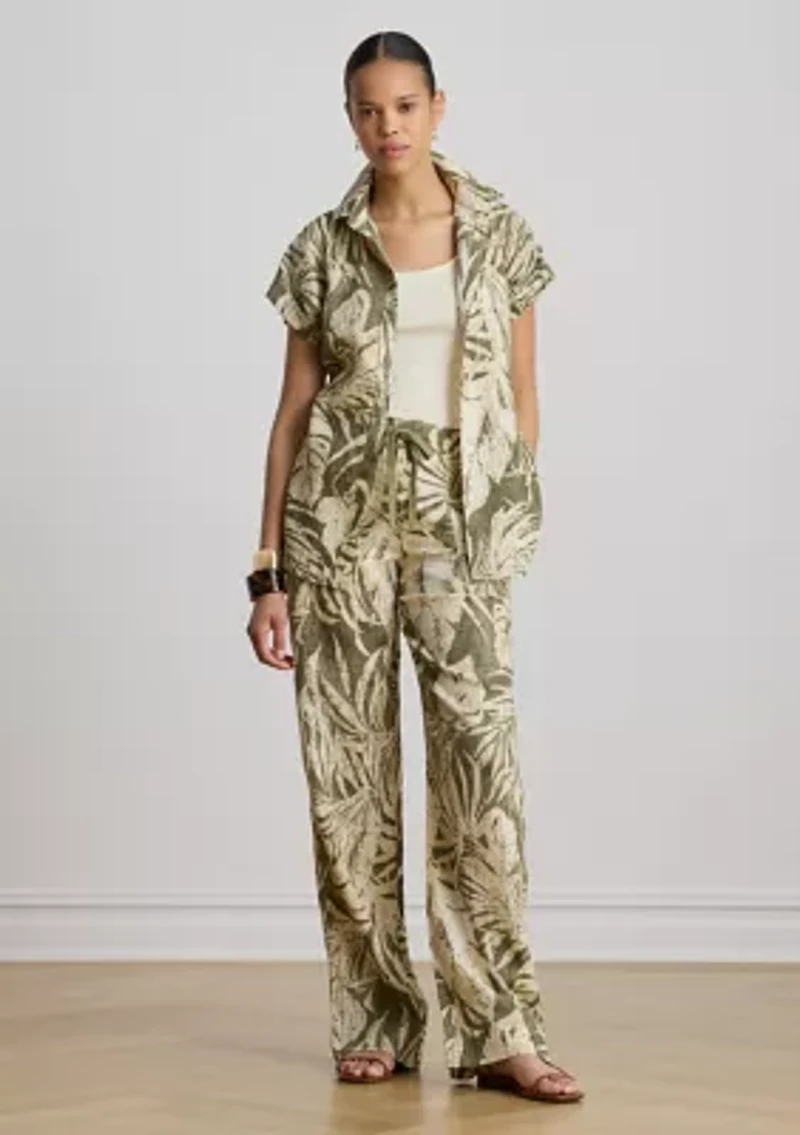 Women's Palm Frond Print Linen Wide Leg Pants