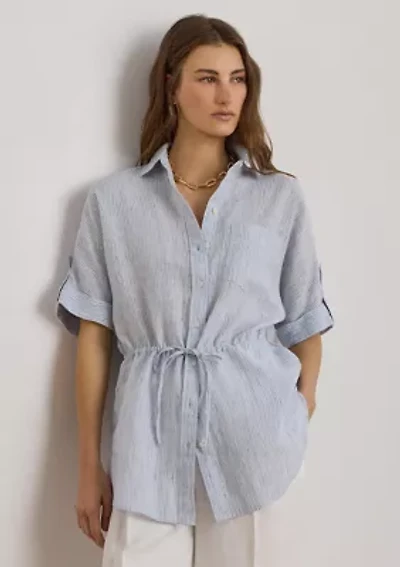 Women's Striped Linen Roll-Tab-Sleeve Tunic