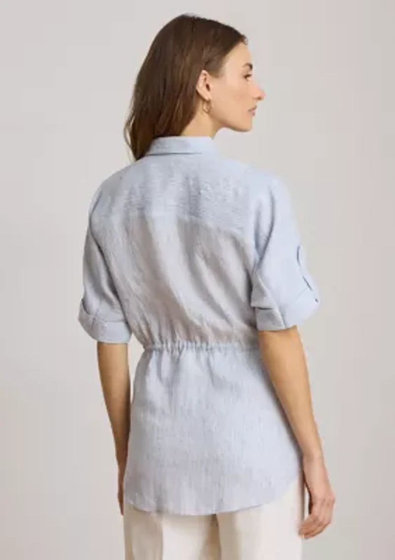 Women's Striped Linen Roll-Tab-Sleeve Tunic
