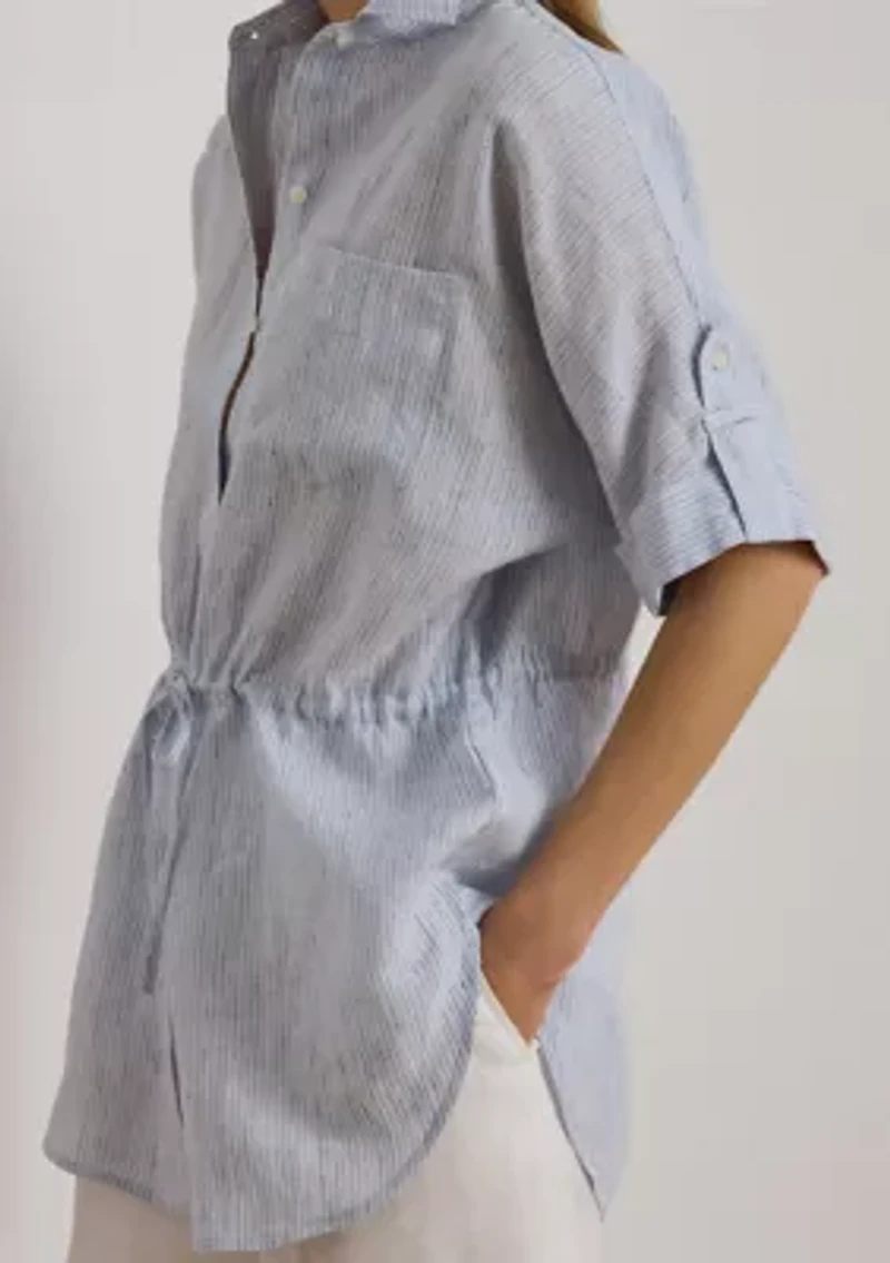 Women's Striped Linen Roll-Tab-Sleeve Tunic