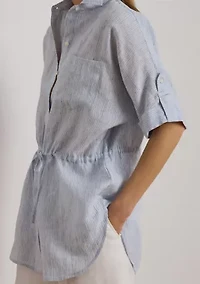 Women's Striped Linen Roll-Tab-Sleeve Tunic