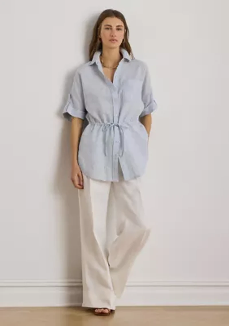 Women's Striped Linen Roll-Tab-Sleeve Tunic