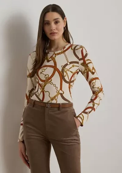 Women's Belting-Print Cotton Long-Sleeve Tee