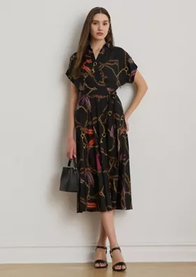 Belting-Print Belted Crepe Dress
