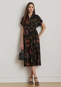 Belting-Print Belted Crepe Dress
