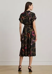 Belting-Print Belted Crepe Dress