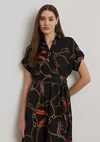 Belting-Print Belted Crepe Dress