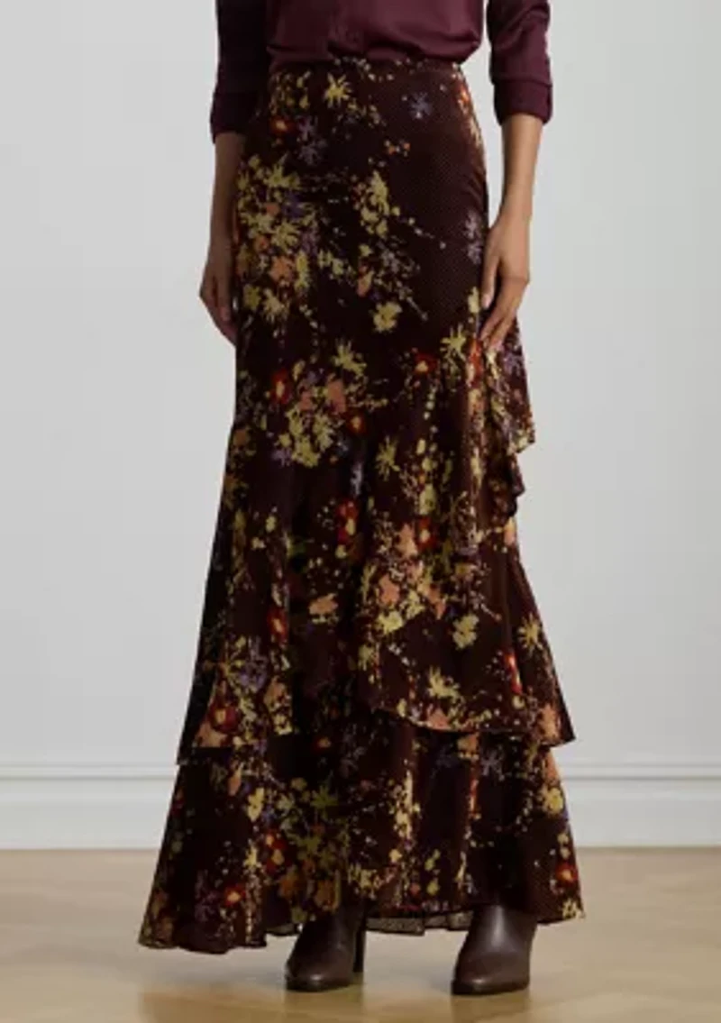 Women's Floral Burnout Velvet Tiered Maxiskirt