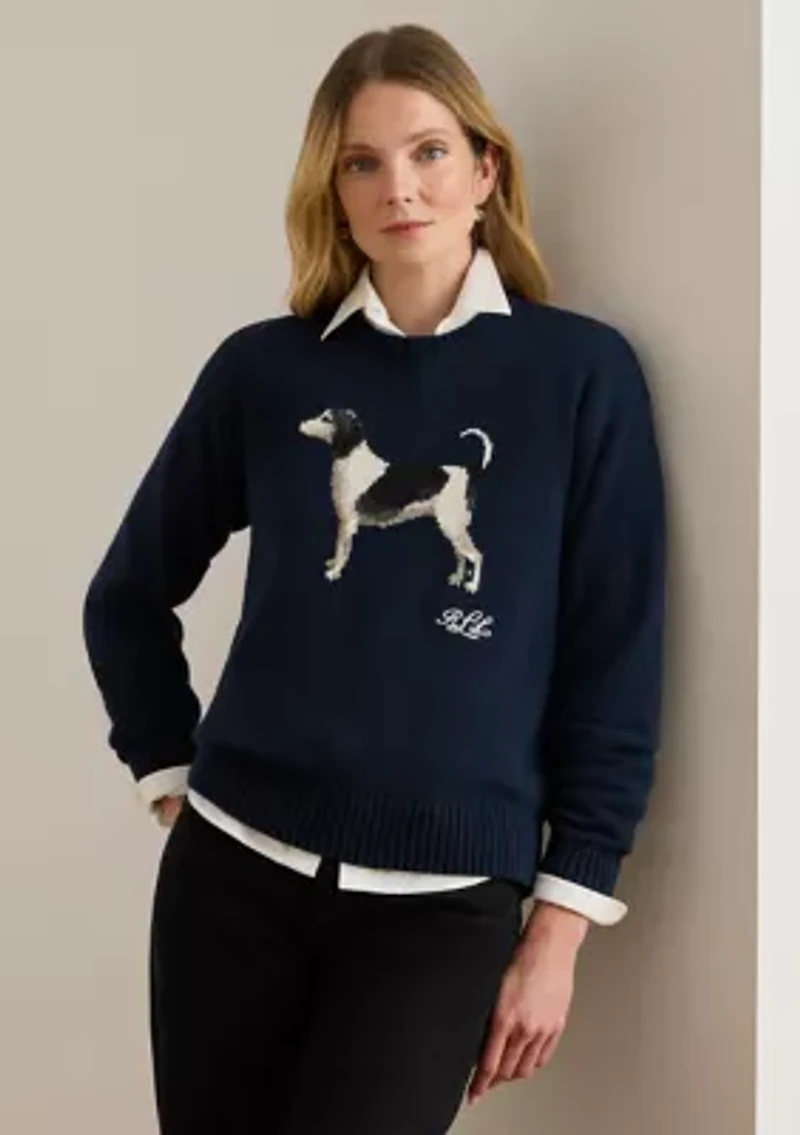 Women's Intarsia-Knit Dog Cotton Sweater