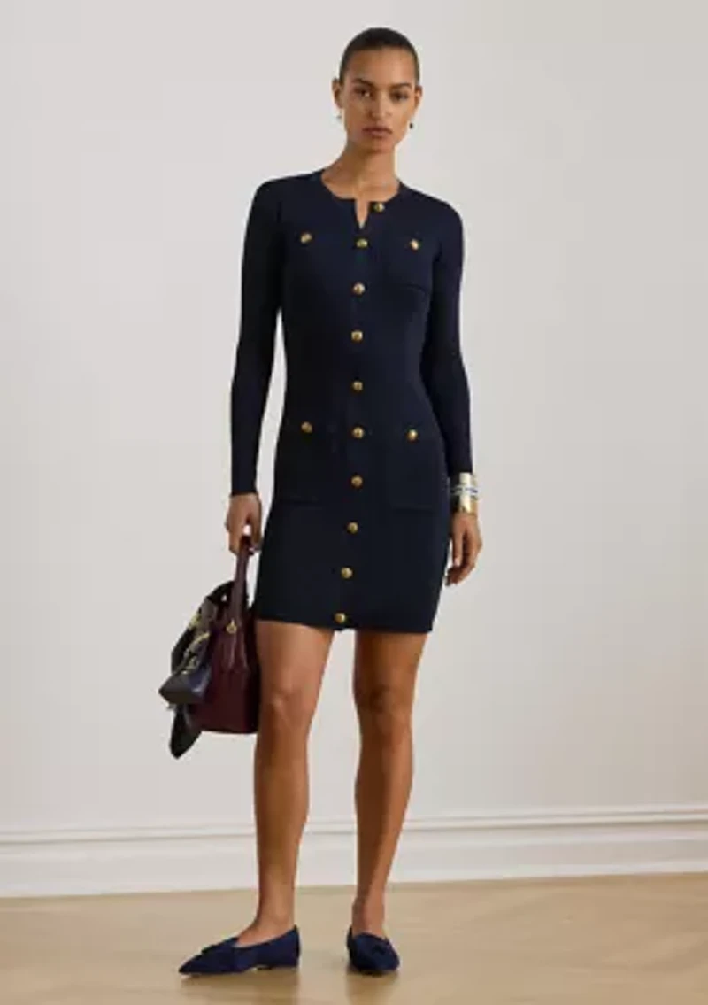 Women's Button-Trim Rib-Knit Sweater Dress